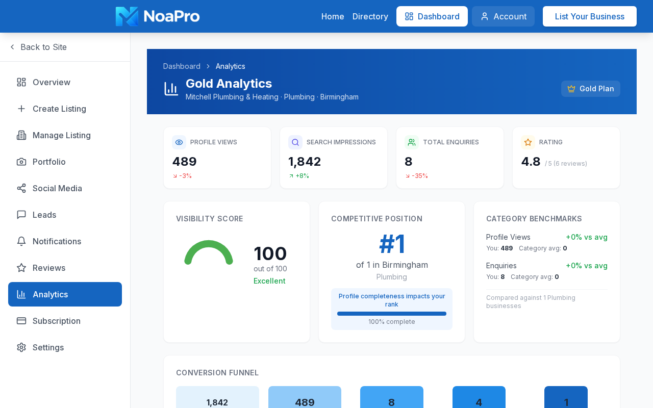 NoaPro Gold analytics dashboard showing visibility score, competitive position, search impressions and conversion funnel