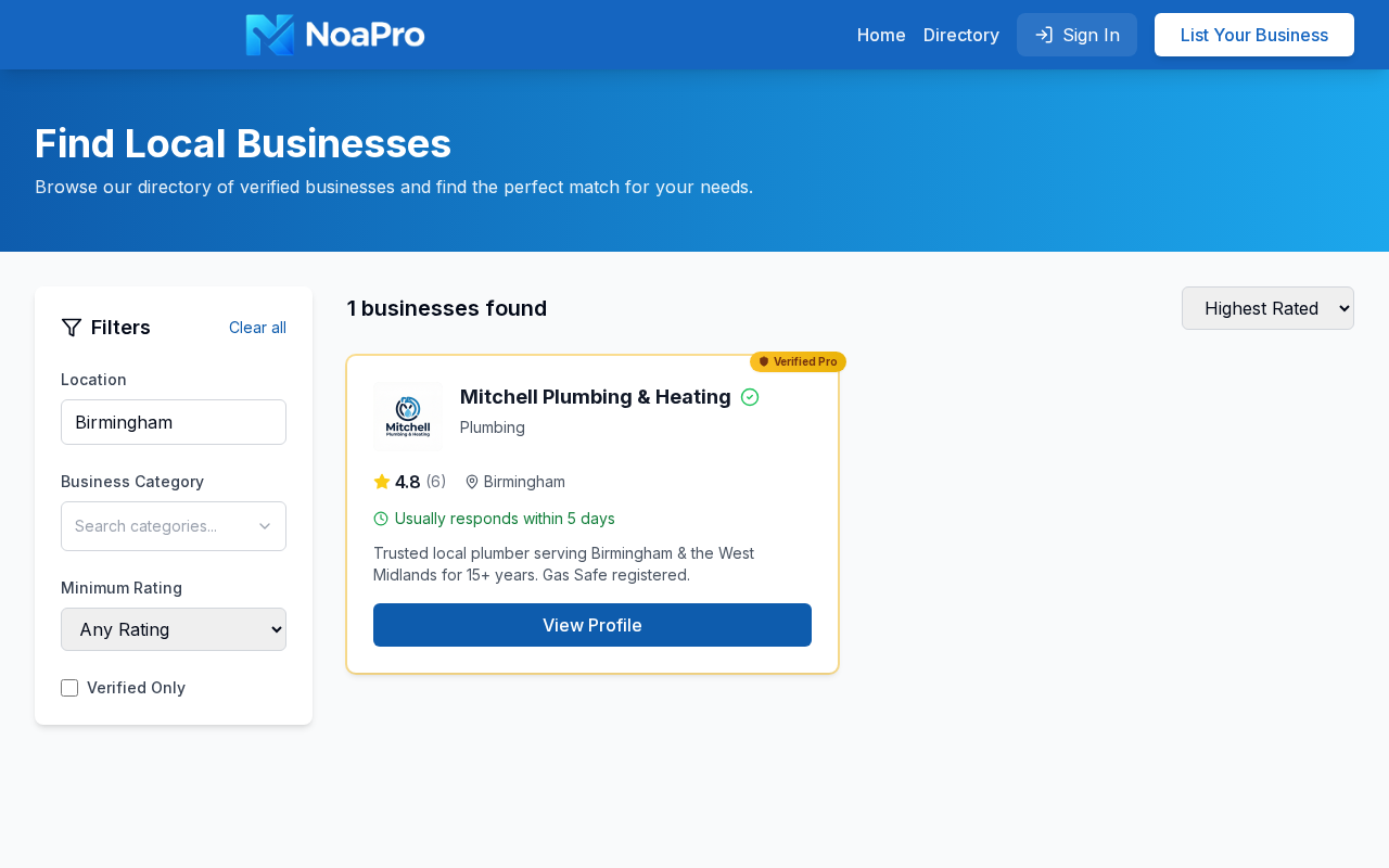 NoaPro directory search results showing Gold-tier business at the top with Gold badge